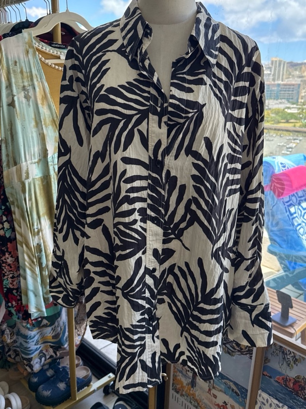 H&M Black and White Leaf-Print Button-Up Blouse